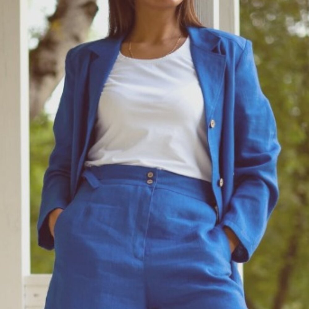 YEST Netherlands True Blue Cropped 100% Linen Blazer 4 S